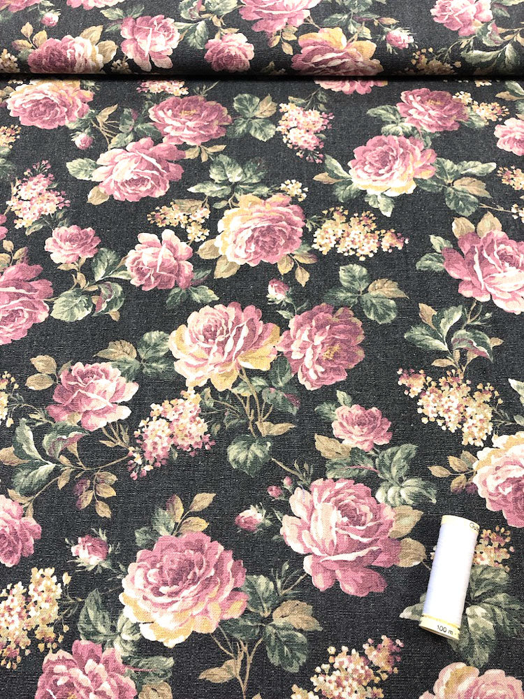 Linen - Floral Black and Pink - Craftyangel